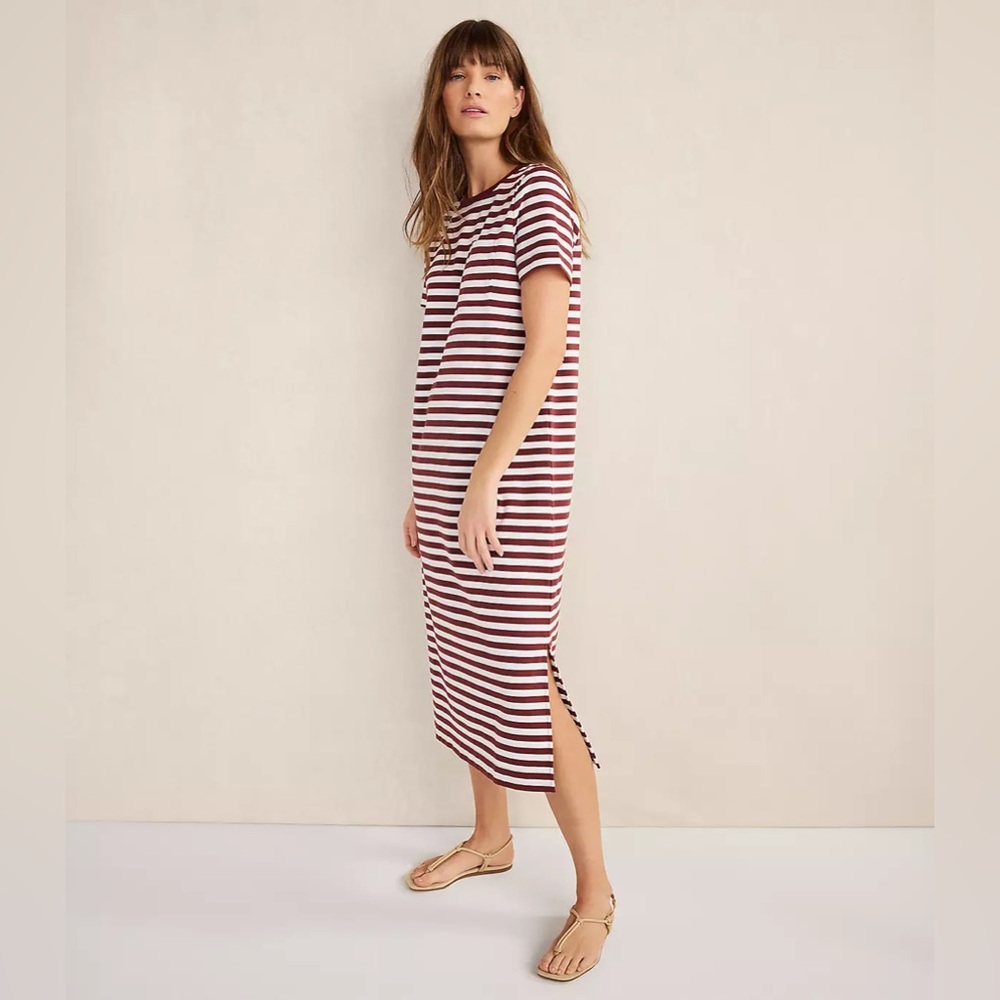 Striped Midi T-Shirt Dress - Burgundy and White